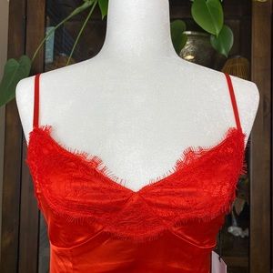 Em Satin Midi Dress in Red Satin Cami w/ Lace Trim